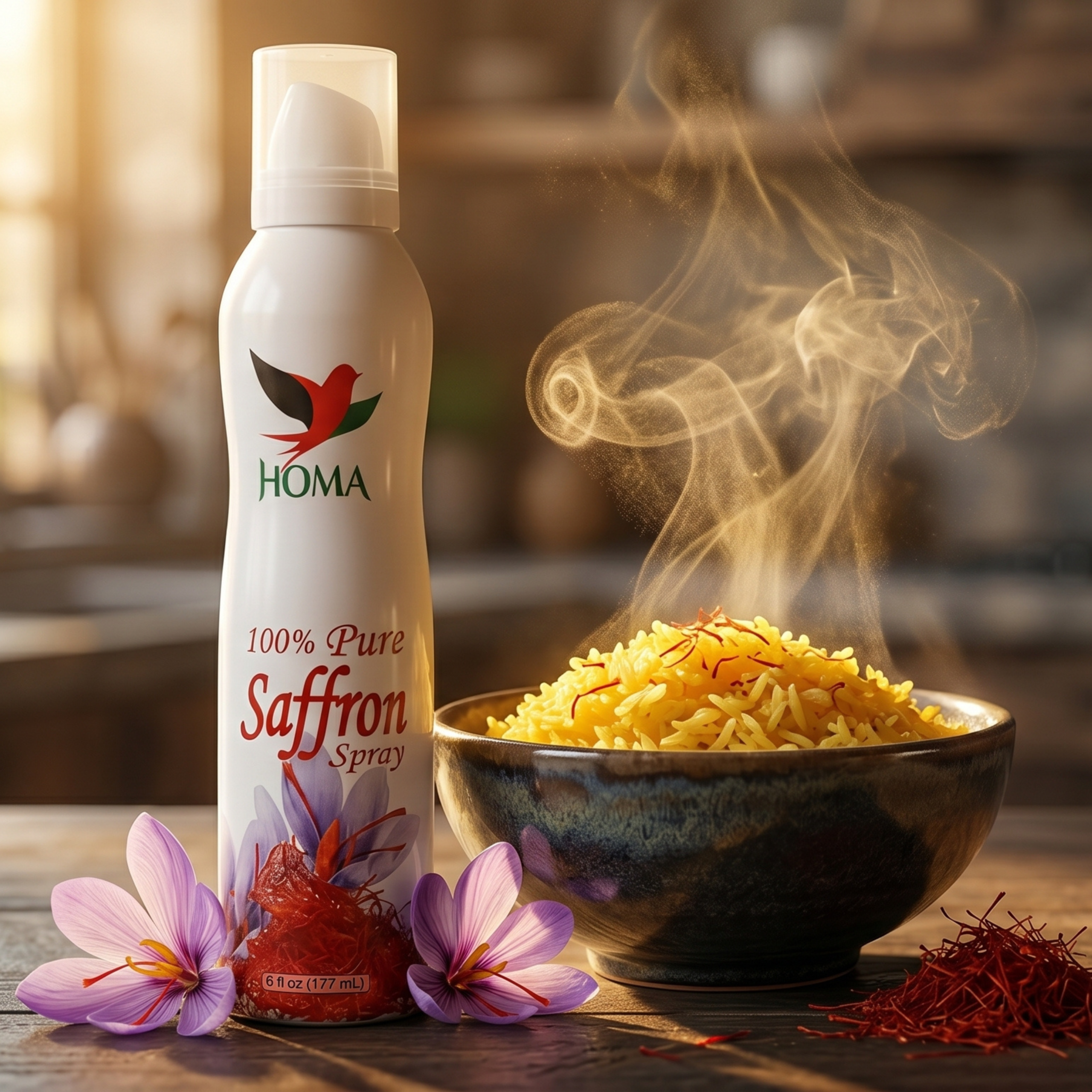 HOMA 100% Pure Saffron Spray bottle displayed beside a bowl of steaming saffron rice with saffron flowers and strands in a kitchen setting.